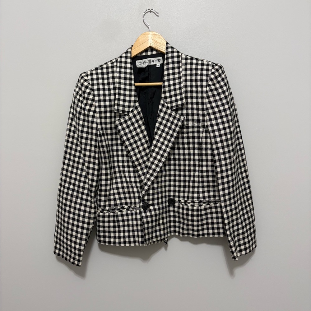 Vintage Chaus Petite Cropped Wool Blend Gingham Checkered Blazer